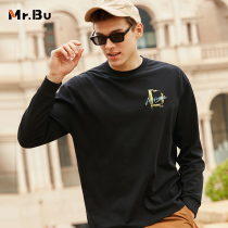 Mr Bu pure cotton long sleeve T-shirt man 2021 autumn winter new geometric youthful thick and round collar printed male KT01253