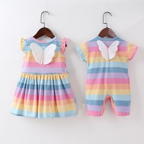 Little baby rainbow striped jumpsuit baby dress children angel wings dress girl climbing clothes sister dress