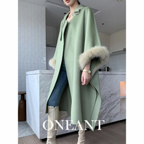 2021 autumn and winter New fox fur collar cloak coat avocado water ripple double-sided cashmere wool coat women