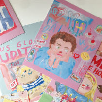 Ins wall stickers oil painting style pink cartoon bear postcard wall poster card student cute hand account wall stickers