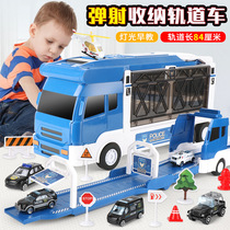 Large ejection track sliding container car simulation sound and light story scene car multi-functional childrens toy model