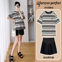 Pregnant Woman Summer Clothing Suit Stylish Summer Style Loose Striped Blouse Maternity Check Casual Shorts Two Suits Summer Thin