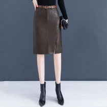 Leather skirt womens leather skirt 2021 autumn and winter high waist long knee a-shaped bag hip skirt one step skirt