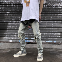 High street washed cat whisker hole beggar hole pants Stretch zipper jeans Slim-fit small pants tide Kan Ye with the same