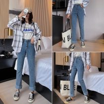 Big code high waist straight cylinder jeans female display slim 100 lap wool side microhorn ancient color loose chic port wind pants