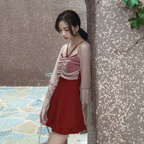2021 Swimsuit female fairy fan conservative skirt one-piece girl student thin chest long sleeve small fragrance ins wind
