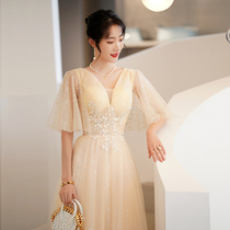 Champagne-colored evening dress 2022 new banquet temperament high-end high-end fairy spirit student art test solo dress skirt female