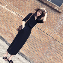  Black side split dress female 2021 summer new Korean mid-length waist thin Hepburn style cheongsam skirt