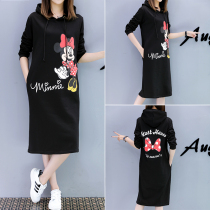 2020 pregnant women Spring plus size loose cartoon fat MM print long sleeve medium length t-shirt hoodie dress