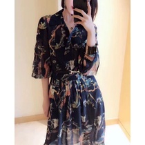 Knock value three-piece set V ~ 2020 early spring elegant magpie bird print 100 real mulberry silk waist waist long sleeve dress