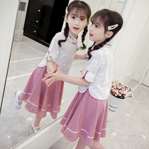 Girls  Hanfu summer dress Chinese style suit Primary school uniform improved ancient costume Childrens Tang costume Middle and large childrens two-piece set