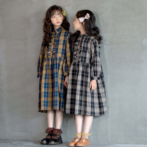 2022 Spring and Autumn Mori Big Girls Plaid Dress Korean Style Western Style Pure Cotton Literary Shirt Stitching Skirt Mid-length