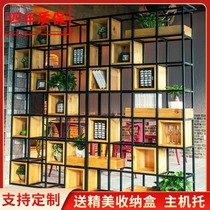 Loft Wrought iron large shelf American bookshelf combination screen partition display stand Solid wood lattice storage storage cabinet