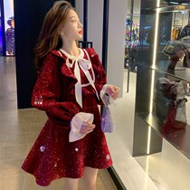 Annual meeting red sparkling dress women 2021 autumn and winter New Korean version of waist long retro palace skirt fairy
