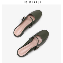 Sen retro round head grandma shoes womens real leather Mary Jane shoes no heel lazy half slippers womens summer fashion outside wear