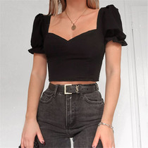 H home French court style retro square collar bubble short sleeve top female navel short tight bottoming temperament Joker