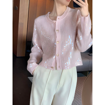 Honey color xuan high-end sense of small fragrance short jacket women 2022 early autumn new pink sequin knitted cardigan top