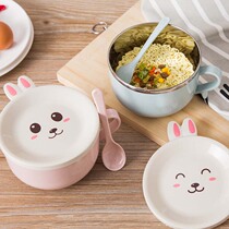Japanese cute cartoon home stainless steel bowl bubble noodle bowl with lid student lunch box Bowl set eating bowl chopsticks large