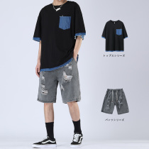 Black hole denim shorts mens summer thin section 2021 new loose straight tube tide brand five-point casual pants