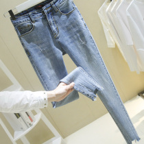 South Korea Light Blue Broken Cave Jeans Woman 2020 Spring new elastic tight body slim fit 90% Little foot pencil pants