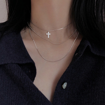 s925 silver cross necklace with female small crowd design feeling lukewarm wind lock bone chain minimalist Temperament Mix Lap and neck chain