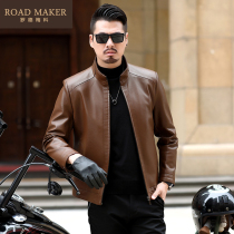 ROADMAKER 2020 AUTUMN NEW MENs CASUAL LEATHER JACKET BUSINESS motorcycle LEATHER SOLID color STAND-up COLLAR LEATHER JACKET