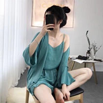 Extra large pajamas women Summer three-piece set sexy suspenders shorts plus fat plus size 200 Jin student home clothes