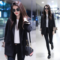 Black Jacket Woman Spring Autumn 100 lap Inn Wind Advanced senses Small sub-loose outline The long western suit female blouse