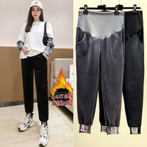 Pregnant woman pure cotton pants autumn and winter outside wearing double-sided suede plus suede thickened fashion winter casual sports pants with underpants tide