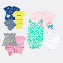 Female Baby Summer Suit Cotton Baby Short Sleeve T-shirt Triangle Khaclothes One-piece Dress Beach Pants Shorts Three Sets