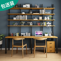 Log wall-mounted desk bookshelf high school students middle school students pine wood industrial style single-panel desk double