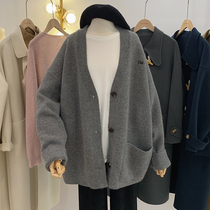 Lolora solid color knitted cardigan coat womens winter New Korean loose fashion lazy wind V neck long sleeve top