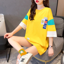 Pure cotton 2021 summer new yellow short sleeve T-shirt female loose Korean fat mm foreign style medium long clothes