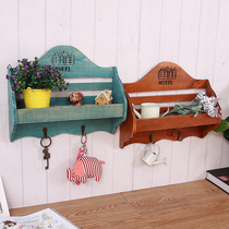 American solid wood non-perforated wall storage wall storage rack wall hanging decorative adhesive hook living room wall flower rack