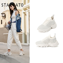 Sigatu autumn new shoes rhinestone white shoes round head simple all-match womens thick-soled daddy shoes A6601AM0D