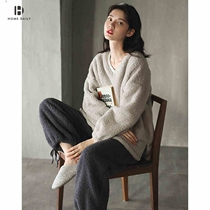 Lamb suede pyjamas woman autumn winter thickened pure color minimalist sleeve head casual v collar Coral Suede Home Suit Winter
