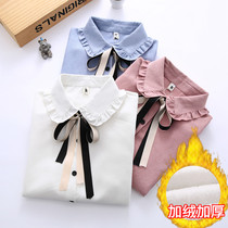 Shirt womens long-sleeved 2021 spring and autumn new bow doll collar plus velvet thick Korean student bottoming top