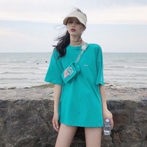 Summer 2021 New Hong Kong style Chic loose bf casual wild student short sleeve T-shirt female medium long top tide tide