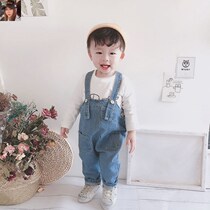 Baby denim strap pants spring and autumn childrens trousers mens thin 1-year-old foreign-style childrens pants baby pants cotton women