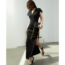 Z boss RO slim side open Fork long dress V collar cover shoulder short sleeve improved cheongsam women