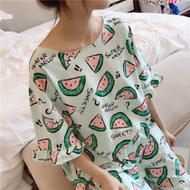 Summer short-sleeved pajamas womens thin cotton watermelon printed home service loose large size fat sister 200 catties suit