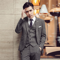 Autumn and winter thickened plaid suit suit suit set groom mens three-piece Korean slim groomsman dress business dress