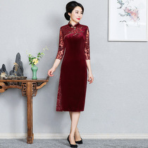 Golden velvet cheongsam modified version dress Chinese style retro old Shanghai wedding mother dress mother-in-law wedding feast