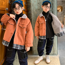 Boy coat autumn 2021 new children autumn winter plus velvet padded medium child lamb velvet foreign style Korean tide
