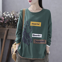 Han Soyi retro literary spring and autumn patch pig wool ring cotton T-shirt women long sleeve loose size patch embroidery