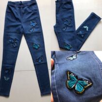 2022 spring and summer C family style slim elastic elastic waist ladies embroidered denim leggings white grinding and old butterfly