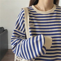 Breastfeeding out spring and autumn fashion nursing suit Joker casual round neck loose striped sweater pullover top