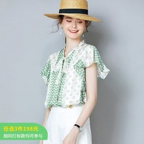 Shan ruffled wave spot chiffon shirt women 21 summer new elegant short sleeve shirt neckline lace up small shirt tide