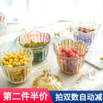 Nordic style glass large flower stripe color storage with lid can Candy can Hot pot shop self-service sauce bowl