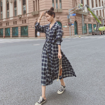 Early autumn French retro plaid dress female spring 2021 New Korean casual temperament waist slim long skirt